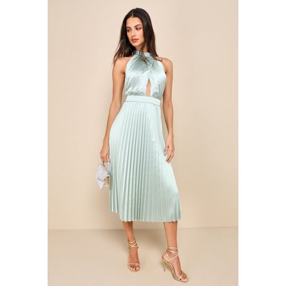 Lulus Totally Charming Sage Green Satin Pleated Halter Midi Dress - Size L